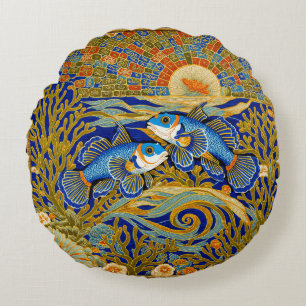 Retro-Stil-Tapisserie Blaue Mandarin-Fische Rundes Kissen