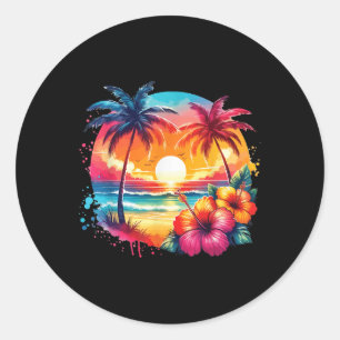 Retro-Stil Tropischer Vintage-Sonnenuntergang Stra Runder Aufkleber