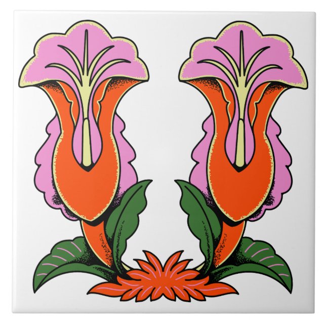 Retro stilisierte Lilienblume Botanik Fliese (Vorderseite)