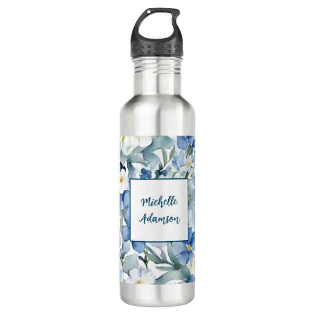 Retro Stilvolle Elegante Schlicht Blue White Blume Edelstahlflasche (Vorderseite)