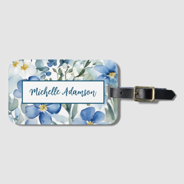 Retro Stilvolle Elegante Schlicht Blue White Blume Gepäckanhänger (Vorderseite (Horizontal))