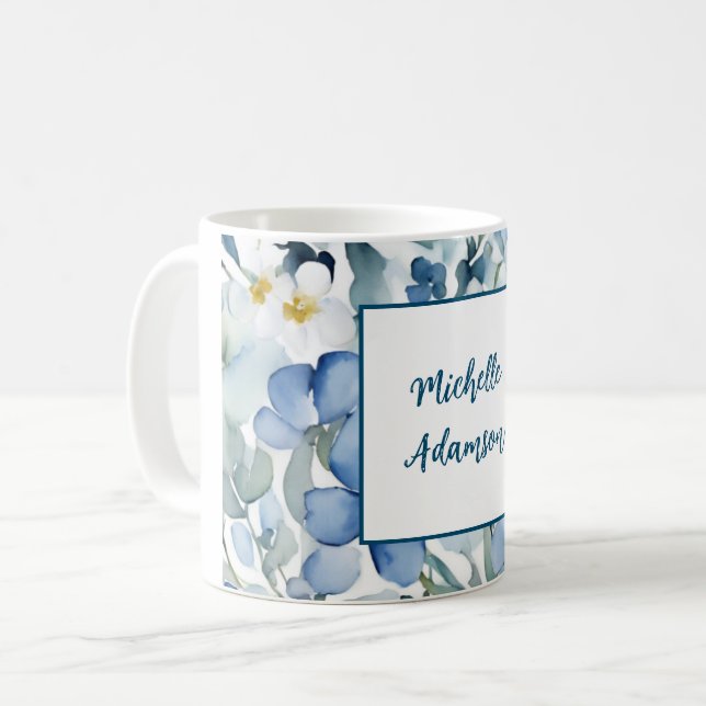 Retro Stilvolle Elegante Schlicht Blue White Blume Kaffeetasse (Vorderseite Links)