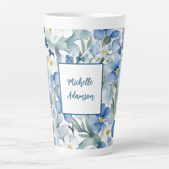 Retro Stilvolle Elegante Schlicht Blue White Blume Milchtasse (Vorderseite)