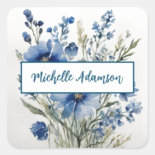 Retro Stilvolle Elegante Schlicht Blue White Blume Quadratischer Aufkleber (Vorderseite)