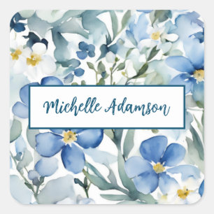 Retro Stilvolle Elegante Schlicht Blue White Blume Quadratischer Aufkleber