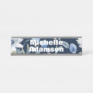 Retro Stilvolle Elegante Schlicht Blue White Blume Schreibtischnamensplakette