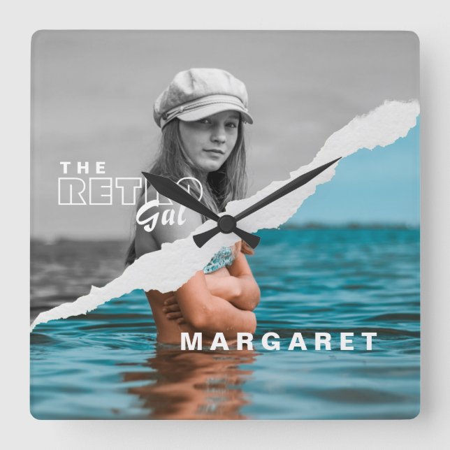 Retro Stilvolle Schwarz/Weiß Portrait Foto Display Quadratische Wanduhr (Vorderseite)