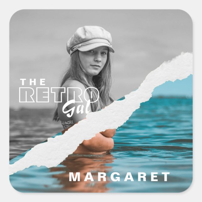 Retro Stilvolle Schwarz/Weiß Portrait Foto Display Quadratischer Aufkleber (Vorderseite)