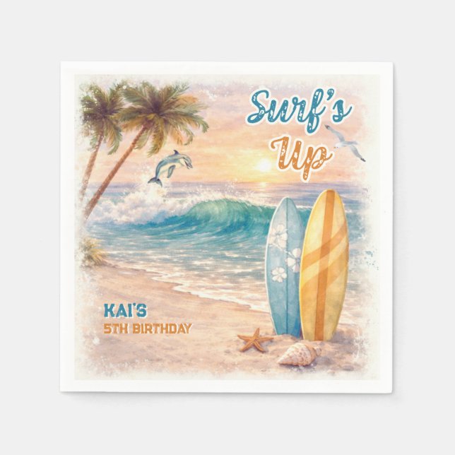 Retro-Strand-Geburtstagsfeier "Surf's Up" Serviette (Vorderseite)