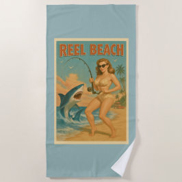 Retro-Strand-Hai-Angeln-Pin-Up-Blau-Küstendesign Strandtuch