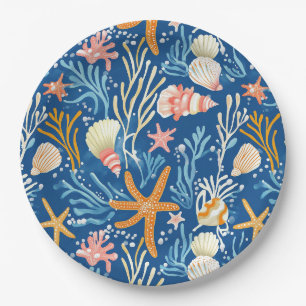 Retro-Strand-Muschel Orange Pink Gelb Blau Pappteller