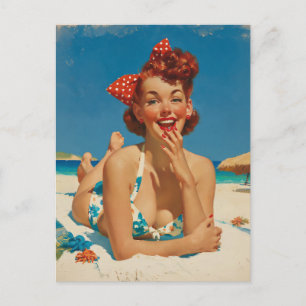 Retro-Strand-Pin-Up Postkarte
