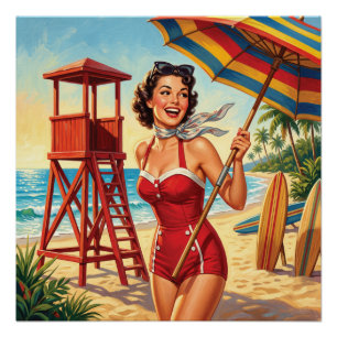 Retro-Strand-Rettungsschwimmer-Pin-Up-Dame Poster