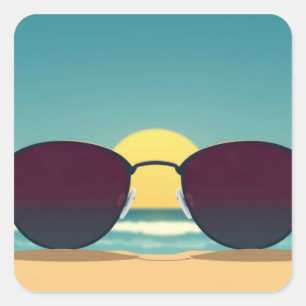 Retro-Strand-Sonnenbrille und Sonne Quadratischer Aufkleber