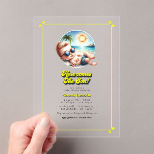 Retro-Strand-Thema "Hier kommt der Sohn" Babyparty Acryleinladungen