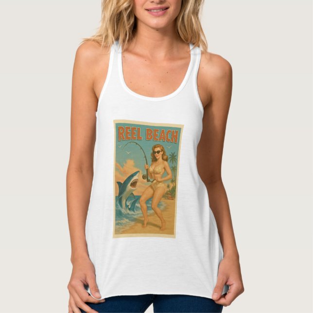 Retro-Strandleben Hai-Angeln Pin-Up Tank Top (Vorderseite)