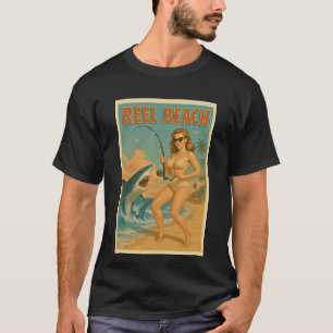 Retro-Strandleben-Shark-Fishing-Pin-Up T-Shirt