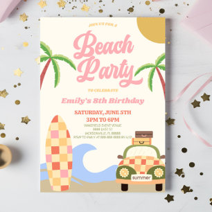 Retro-Strandparty-Surfbrett-Rosa-Geburtstagsfeier Einladung