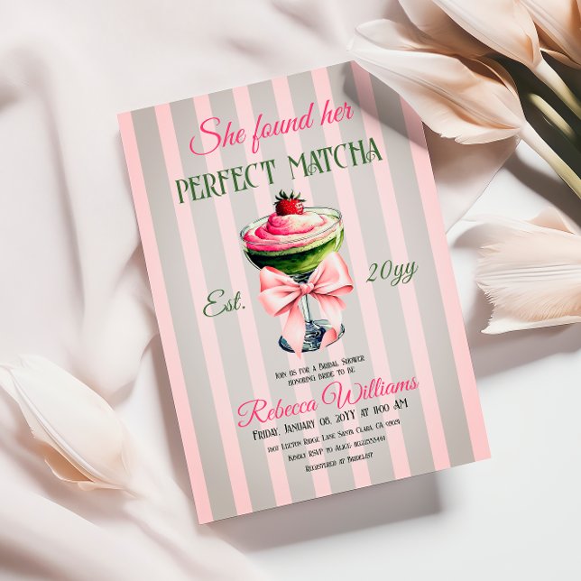 Retro Strawb Perfect Matcha Pink Bow Brautparty Einladung (Von Creator hochgeladen)