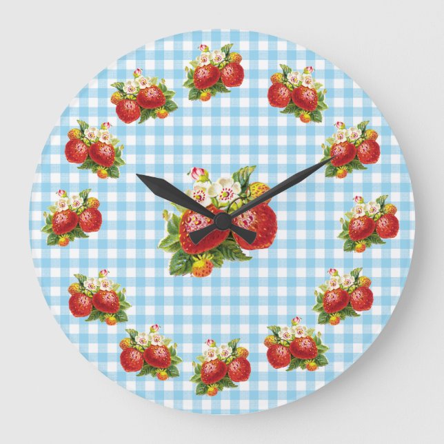 Retro Strawberries Große Wanduhr (Vorderseite)