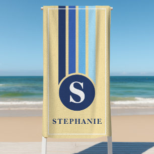 Retro-Streifen Gelb Und Blau Monogramm Name Strandtuch