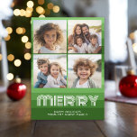 Retro Streifen in Olive Green - 4 Foto - Merry Feiertagskarte<br><div class="desc">Vorder - 4 Fotomaterial mit leuchtend olivgrünem Retrostreifen. Das Wort "MERRY" ist in einem lustigen Schriftart, der sich mit dem nicht-traditionellen Hintergrund abstimmt. Die 4 Foto funktionieren am besten, wenn Sie Ihre Fotos vor dem Hochladen quadratisch zuschneiden. Fügen Sie Ihren Gruß und Ihre Familiensignatur zu diesem eklektischen und farbenfrohen Design...</div>