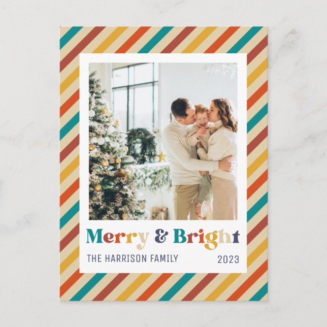 Retro Streifen Merry & Bright Family Foto Postkarte (Vorderseite)