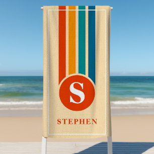 Retro-Streifen Orange Monogramm Name Personalisier Strandtuch