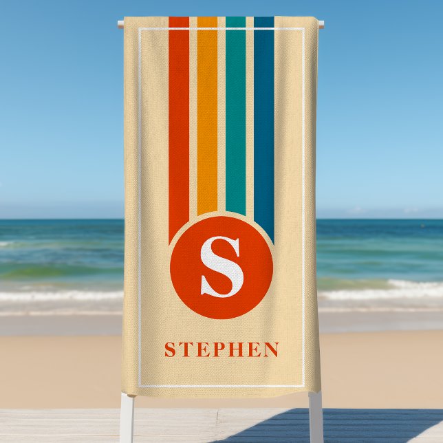 Retro Streifen Orange Monogramm Name Personalisier Strandtuch (Von Creator hochgeladen)