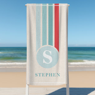 Retro-Streifen Rot Und Blau Monogramm Name Strandtuch