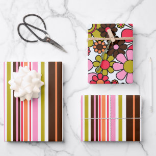 Retro-Streifen und -Blume Niedliche Retro-Muster Geschenkpapier Set