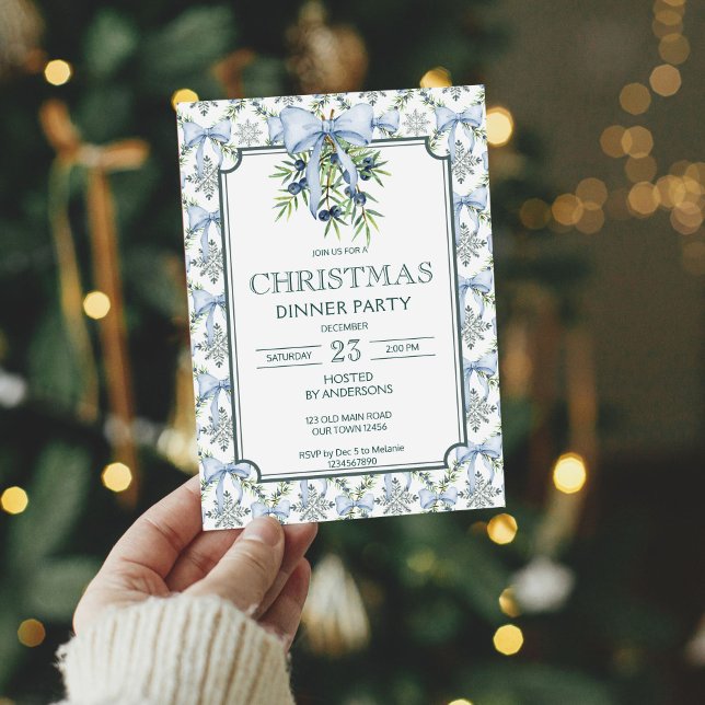 Retro-Streifen zu Weihnachten Großmilenial Dinner  Einladung (Christmas retro pines blue bow grand millennial dinner party invitation cards template)