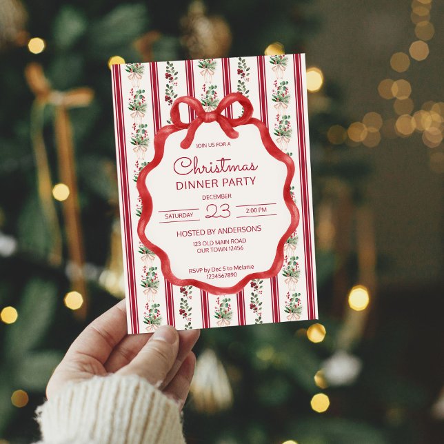 Retro-Streifen zu Weihnachten Großmilenial Dinner  Einladung (Christmas party retro stripes grandmilenial bow wavy border dinner party invitation cardds template)