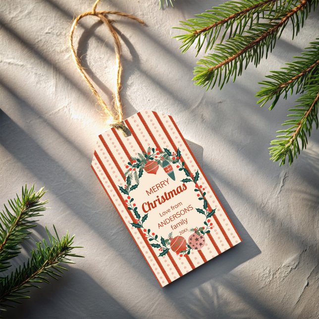 Retro-Streifen zu Weihnachten Jahrtausende alt Geschenkanhänger (Christmas retro stripes grand millennial personalized custom gift tags)