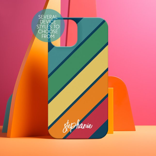 Retro-Streifenmuster Regenbogen - Schriftname iPhone 15 Hülle (Personalized Phone Case - Choose Your Device and Customize the Design)