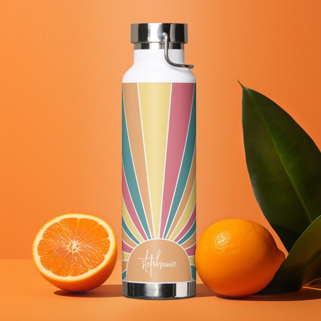 Retro Stripe sunrise - pastellfarbener Regenbogens Trinkflasche (Personalized water bottle - custom name on rays of sunshine)