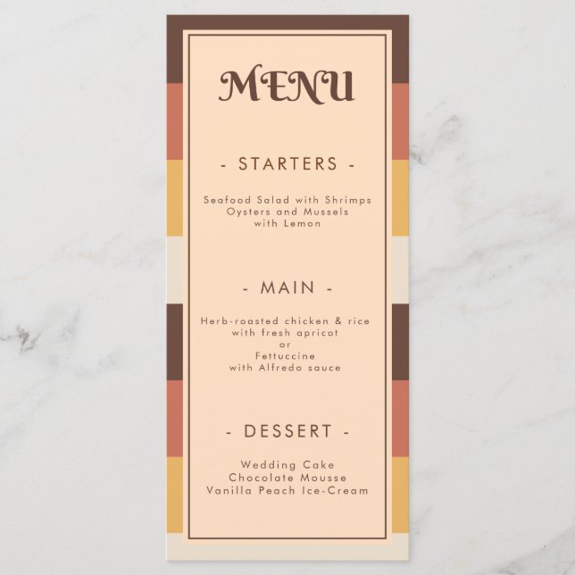 Retro Striped 70iger 60er 70er Groovy Wedding Menükarte (Vorderseite)