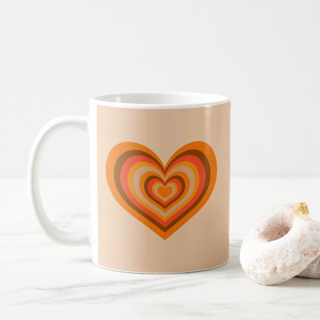 Retro Striped Heart Mug - Orange on Beige Kaffeetasse (Mit Donut)
