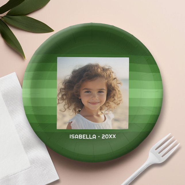 Retro Stripes - Christmas Green - Einfaches Foto Pappteller (Custom Paper Plate)