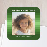 Retro Stripes - Christmas Green - Einfaches Foto Quadratischer Aufkleber<br><div class="desc">Retro grünes Streifen Muster mit einem einfachen Gruß und Familiensignatur. Fügen Sie Ihren Lieblings- oder FamilienSnapshot hinzu. Nutzen Sie ein quadratisches Foto,  um diesen einzigartigen und persönlichen Gruß zu kreieren. Im Hintergrund befindet sich ein Retro-Streifen in Grün-Tönen.</div>