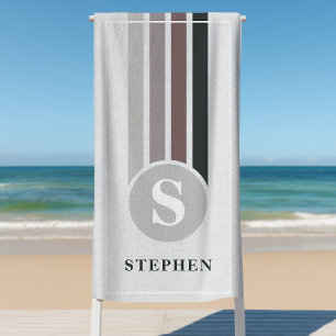 Retro Stripes Grau Taupe Monogram Name Strandtuch
