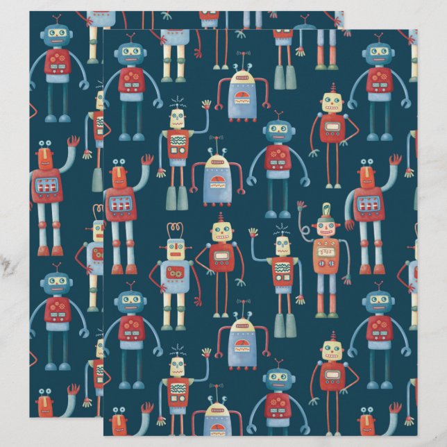Retro Style 1950er Vintag Robots Scrapbook Paper (Vorne/Hinten)