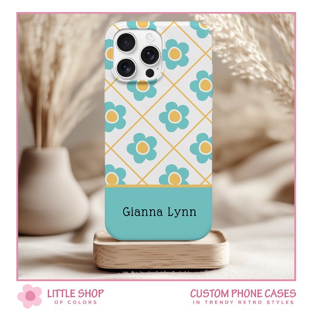 Retro-Style Aqua Gelbe Blumige Monogramm Case-Mate iPhone Hülle (Von Creator hochgeladen)