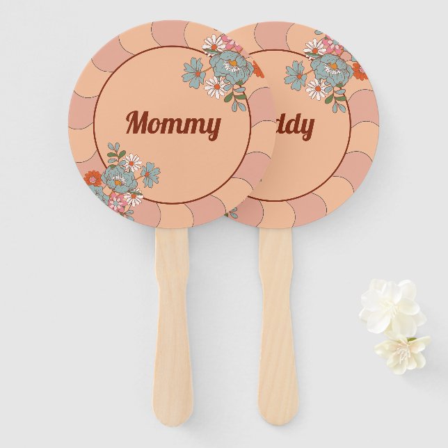 Retro Style Baby Shower Mommy und Daddy Game Fan Fächer (Vorne und Hinten)