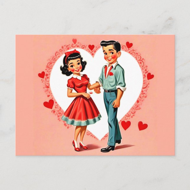 Retro Style Boy and Girl Valentine's Day Postcard Postkarte (Vorderseite)