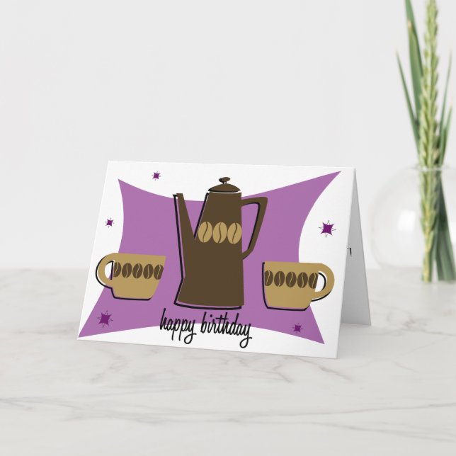 Retro Style Coffee Themed Birthday Card (Lila) Karte (Vorderseite)