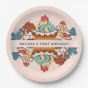 Retro Style Cupcakes Sweet Dessert 1. Geburtstag Pappteller