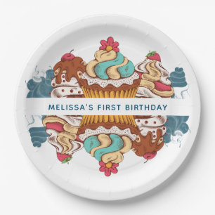 Retro Style Cupcakes Sweet Dessert 1. Geburtstag Pappteller