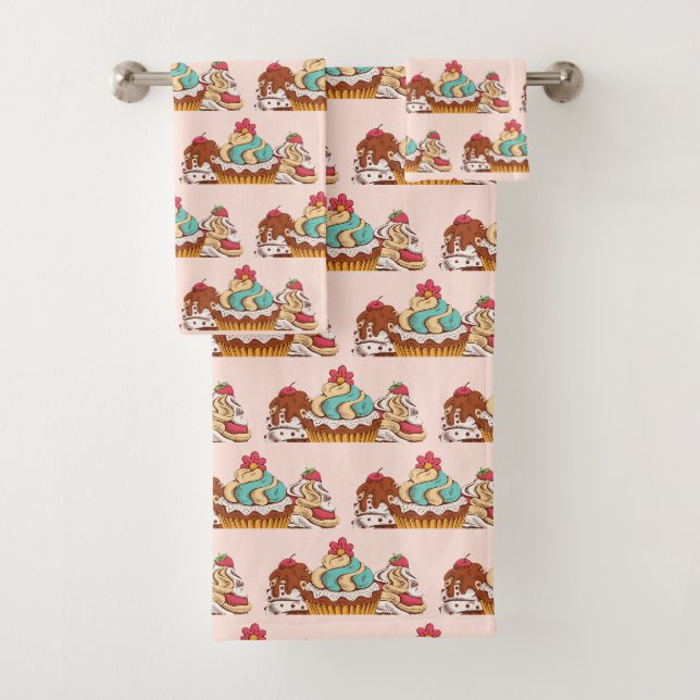 Retro Style Cupcakes Sweet Dessert Muster Badhandtuch Set (Insitu)