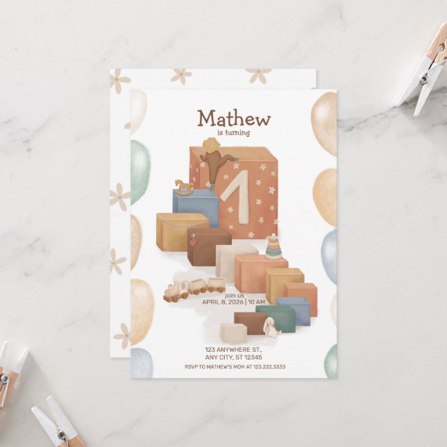 Retro Style Einladung zum ersten Geburtstag (Vorderseite/Rückseite Beispiel)